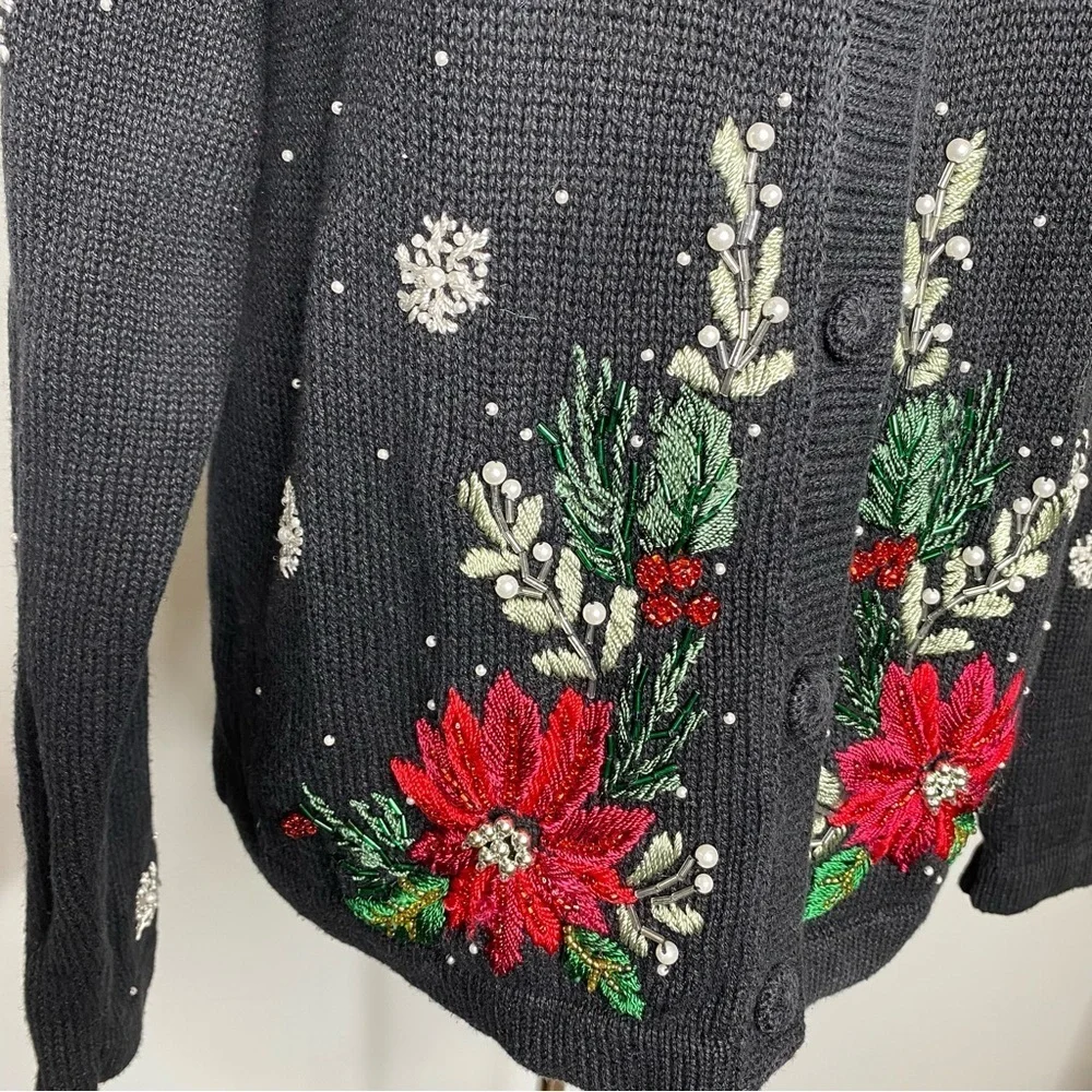 Victoria Jones Vintage Black Poinsettia Beaded Embroidered Cardigan Sweater